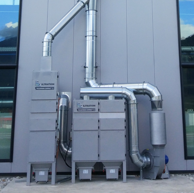 Sistema de desempolvado modulare con filtros de cartuchos PULSATRON COMPACT™ para la filtración eficiente de polvos en entornos industriales. sistema de desempolvado filtro de cartuchos pulsatron compact hf group
